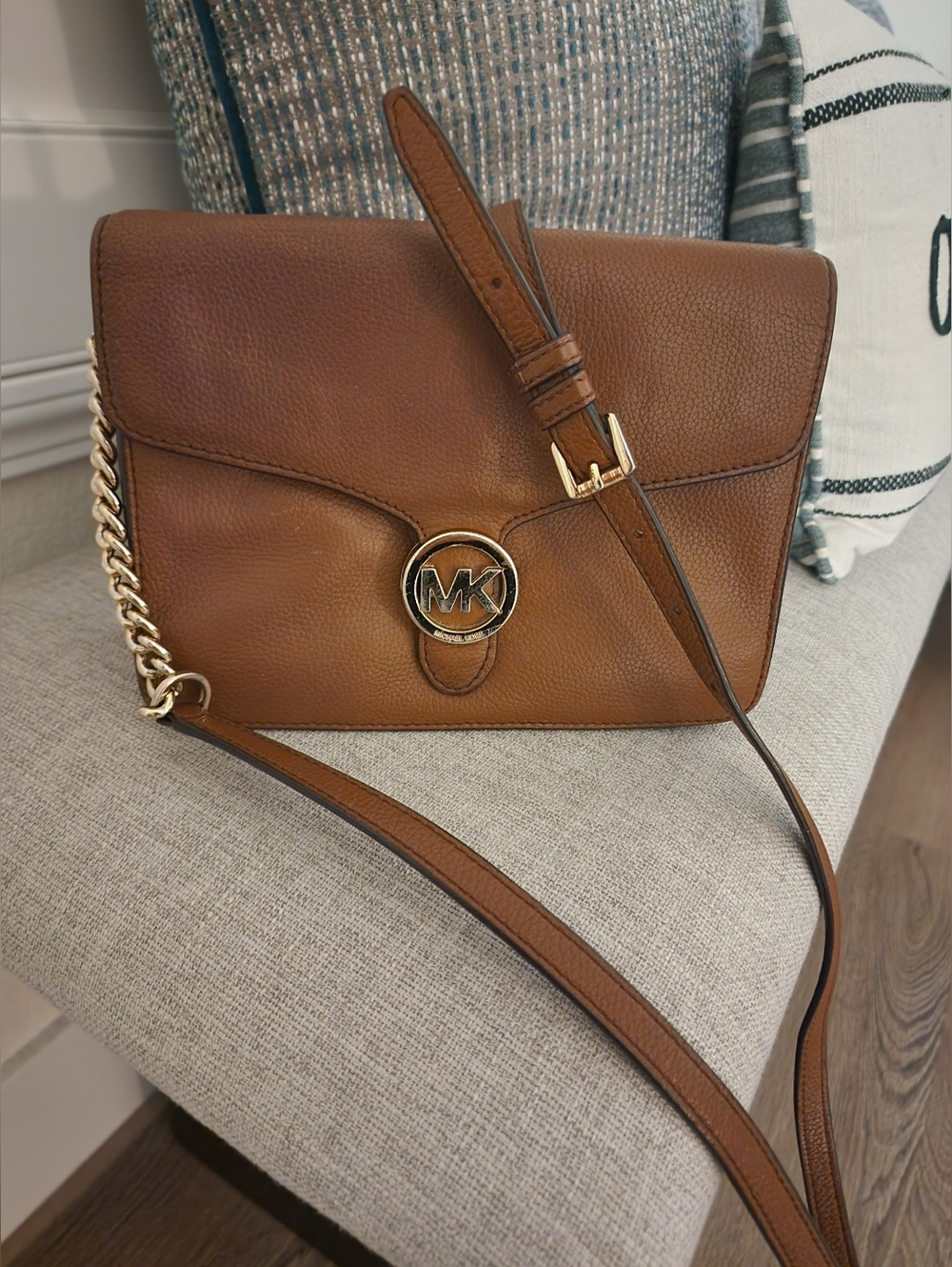 Michael Kors Brown Leather MK Chain-Strap Crossbody Bag